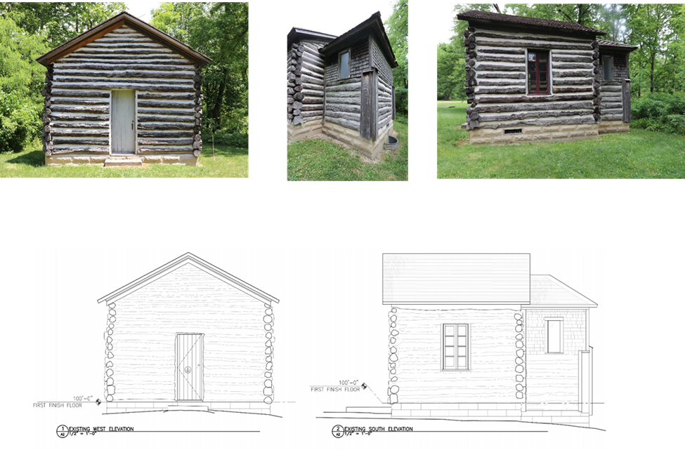 An image of a line drawing of a single story log cabin chapel from the western and southern sides.  Above is a series of 3 photos showing the