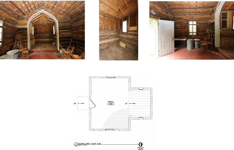 An image of a line drawing depicting the interior of the log cabin chapel shows a large single room with bump-out.  The door is shown on the left.  Above are 3 photos showing the interior.