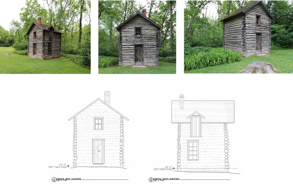 A two story log cabin sits on a manicured lawn with trees behind it.  A line drawing shows the west and south profiles of the building.  The cabin has a single door with a window directly above it.