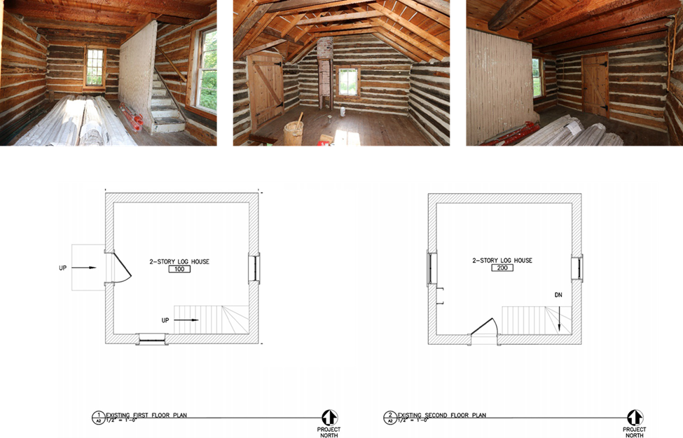 2 line drawings show the interior of the 2-story wooden cabin.  Both are square and have stairs in the lower right corner.  On the left, which depicts the first floor, a door is drawn on the left.