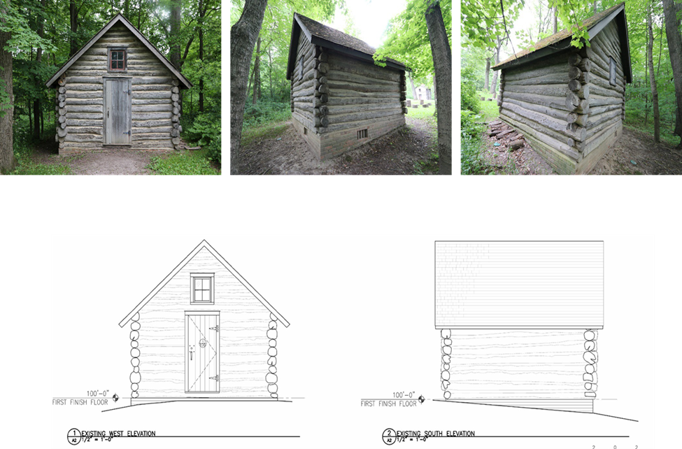 This image shows a line drawing of a single-storywooden cabin from both the western and southern sides.  Above the line drawings are 3 photos showing the log cabin from various angles.