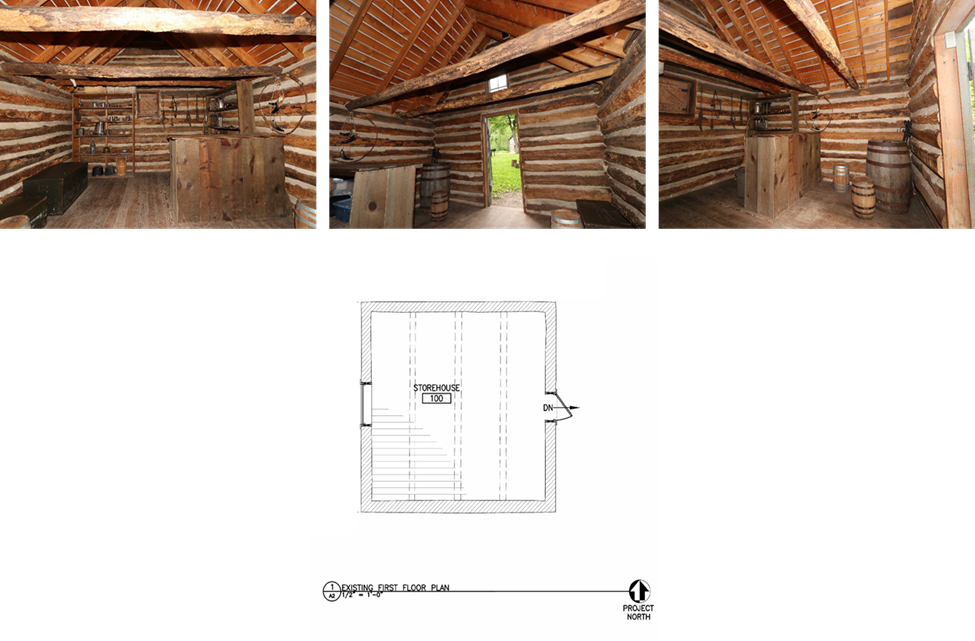 This photo shows a line drawing of the interior of the cabin.  Above are a series of 3 photos showing the interior of the cabin.