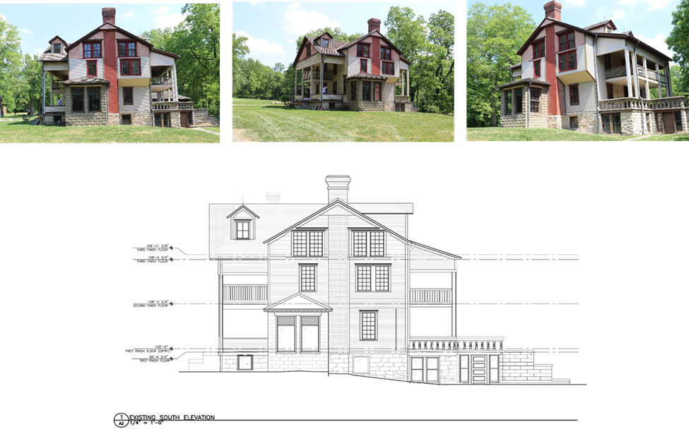 A line drawing shows the southern view of the house with a gentle slope 1/2 way through the house.  Above are a series of 3 shots showing different angles of the southern side of the Bailly main house.