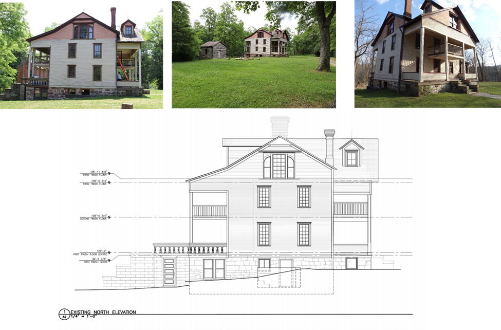 A line drawing of the northern side of the Bailly Main house.  A gentle slope moving from north to south is shown in the drawing.  Above are a series of 3 photos from different angles of the Bail