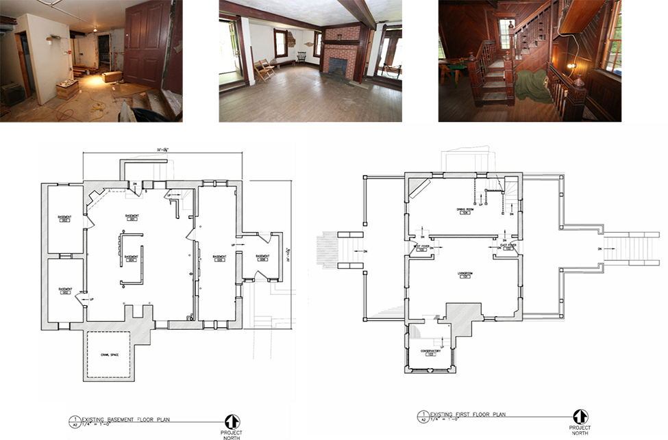 Line drawings of the inside of the basement level of the Bailly main house and the first floor.