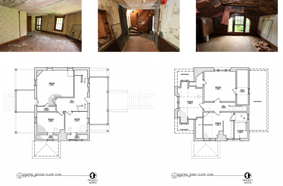 Line drawings depict the second and third floor plans for the Bailly main house.  The second floor, shown on the left, show a series of 2 smaller square rooms on the bottom and one larger semi-square room on the top left.