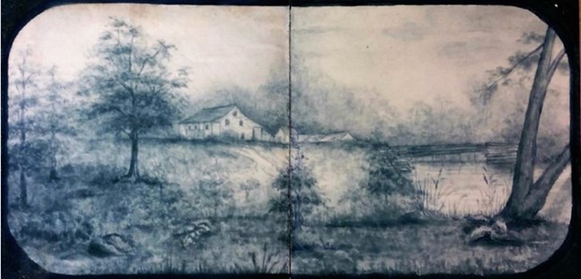 Historic drawings on ceramic tiles depicting an early scene of the Joseph Bailly's homestead.