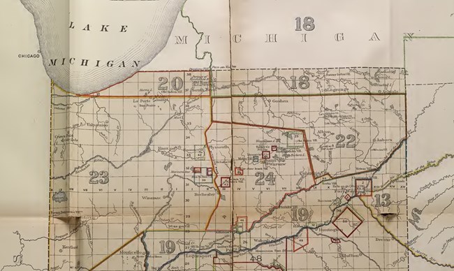 Historic map showing northern Indiana divided into sections representing land ceded by Indigenous tribes