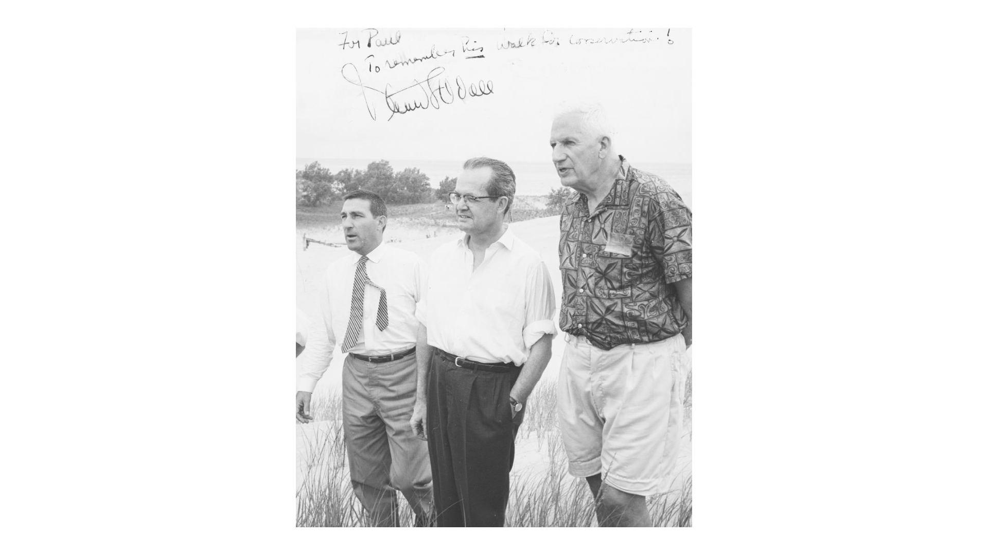 Black and white, Secretary of the Interior Stewart Udall, U. S. Senators Alan Bible and Paul Douglas at the Indiana Dunes