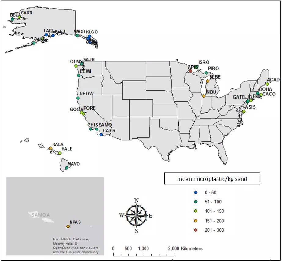 Map showing testing locations of 37 different NPS units for plastic pollution on beaches; Indiana Dunes included.