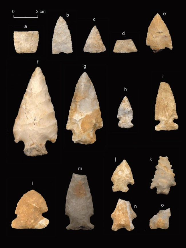 Projectile points of varying sizes, shapes, and colors.