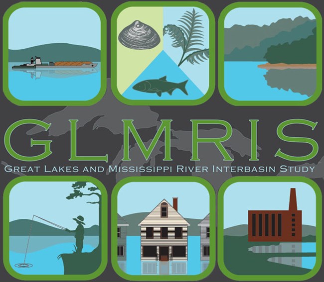 Logo for the Great Lakes Mississippi River Interbasin Study. The logo contains 6 boxes with images of different scenes: a cargo ship on a river, houses in a flooplain, a scenic riverside, someone fishing, industry along water, and a fish, fern and shell