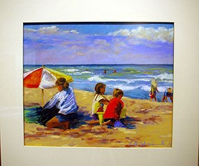 colorful painting of kids on a beach next to an unbrella