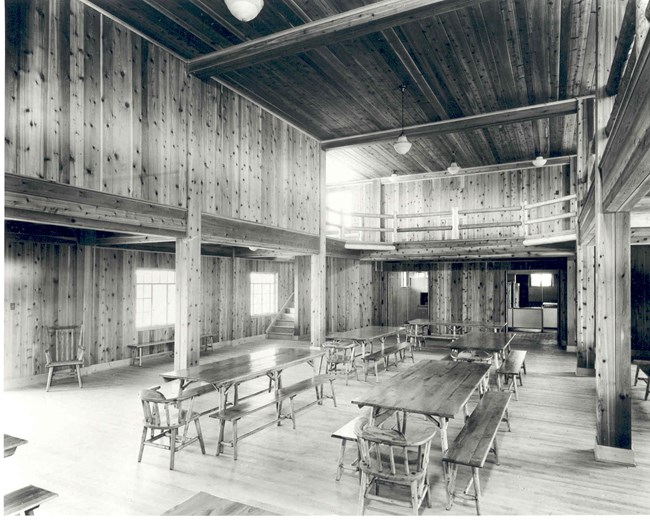 Picture of the cedar interior of the main lodge of Good Fellow.