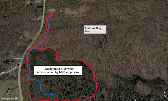 Aerial photo of Pinhook Bog trail closed to public unless accompanied by NPS employee.