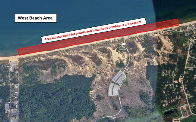Aerial photo of West Beach closed to public access when described conditions are met.