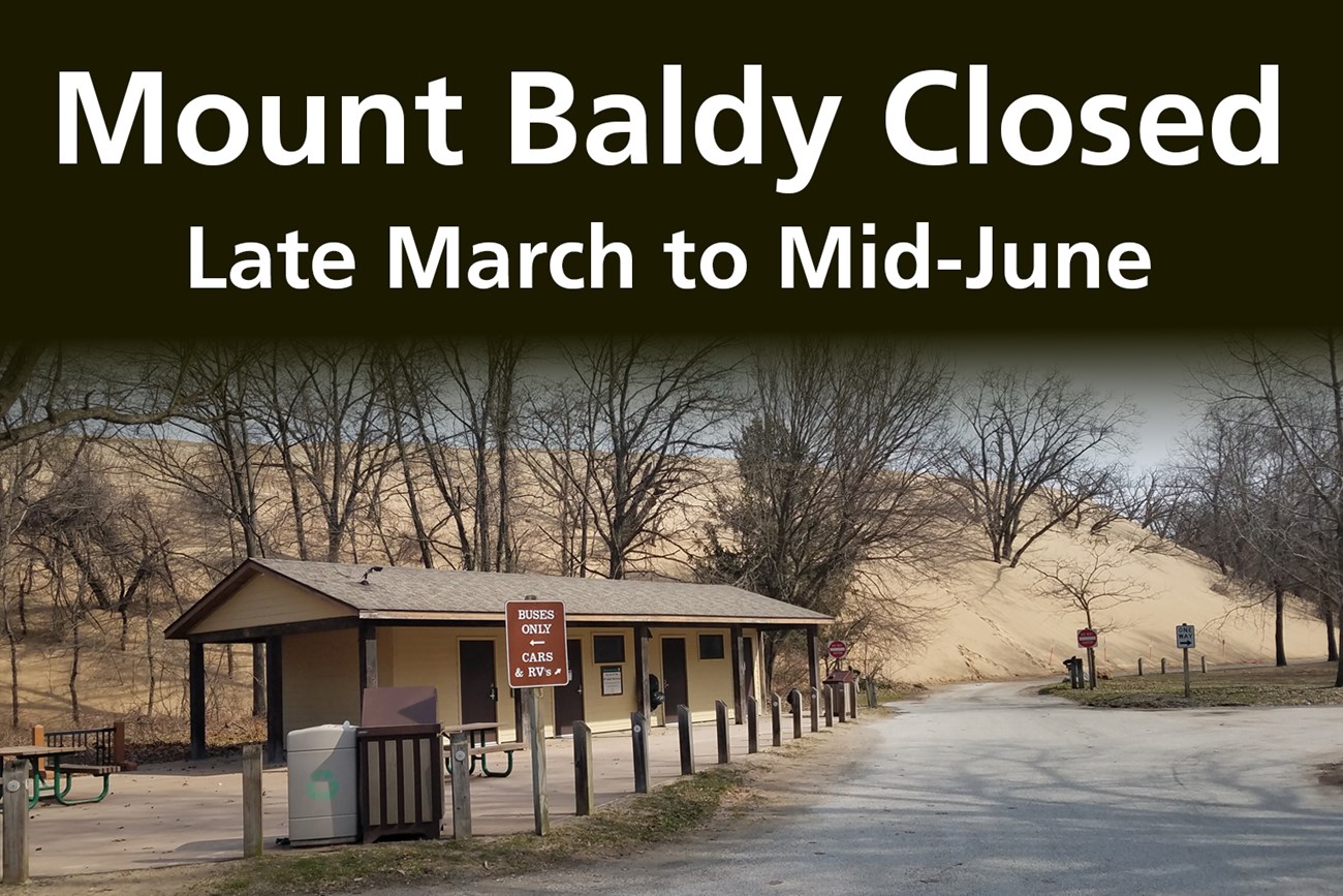 Mount Baldy closure imaging showing the comfort station with a sand dune behind it.