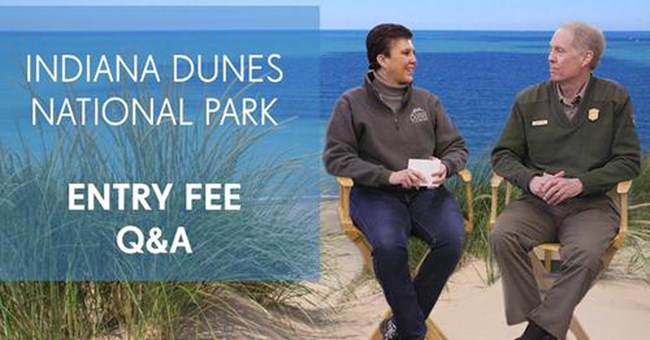 Image of Lorelei Weimer (Indiana Dunes Tourism) and Bruce Rowe (Park Ranger) sitting in chairs before a beach backdrop.