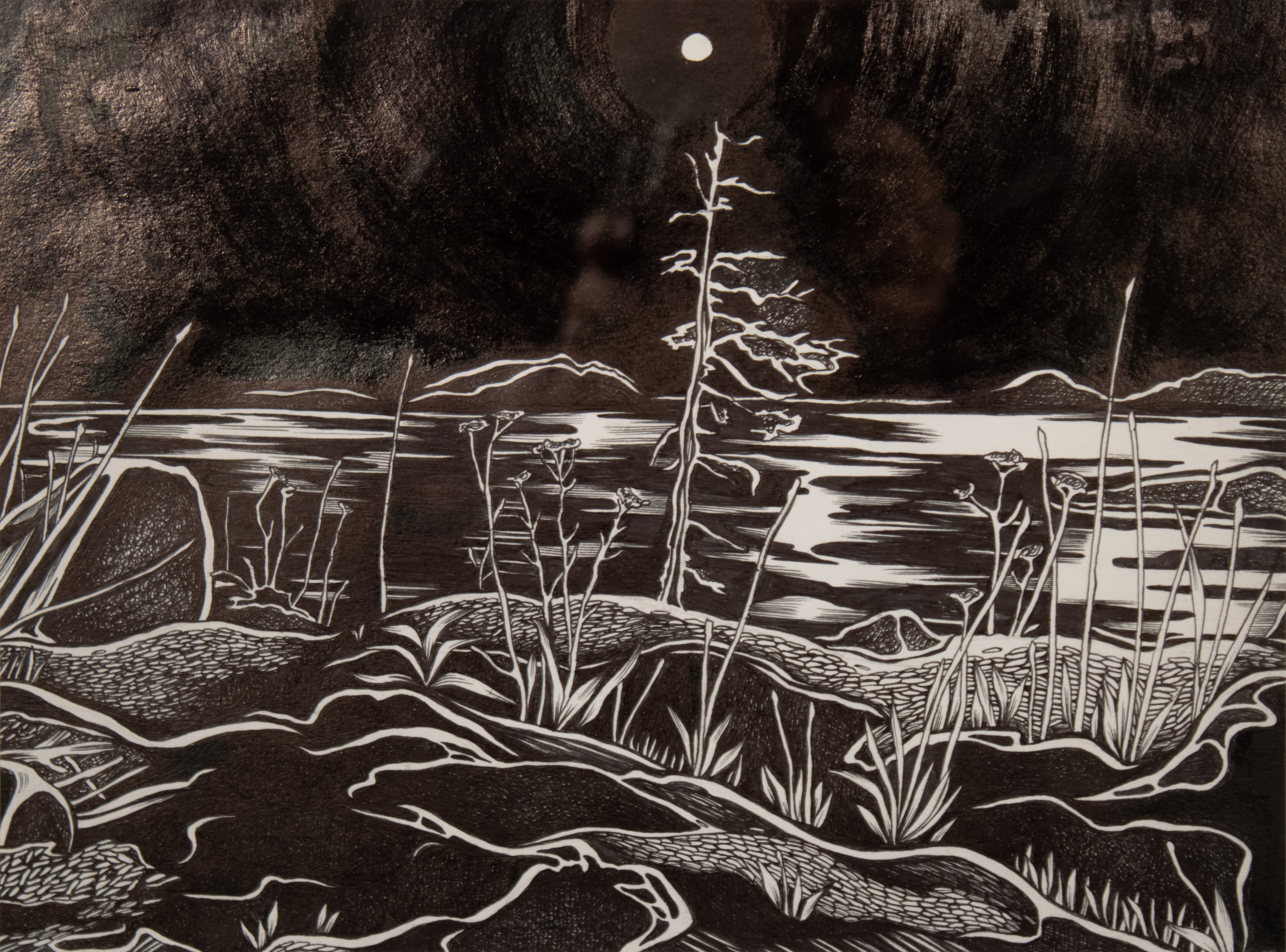 a tree and rocky ledge in the foregound lit by the moonlight with the waters of Lake Superior behind and islands protruding out of the water in the distance