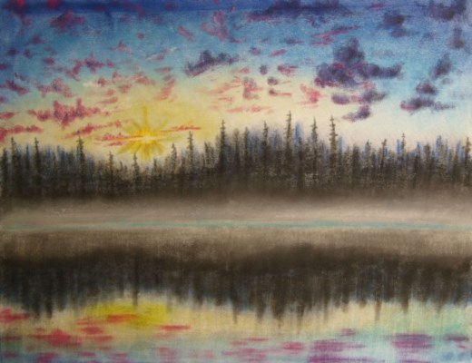 Artwork shows a sunrise over a dark lake