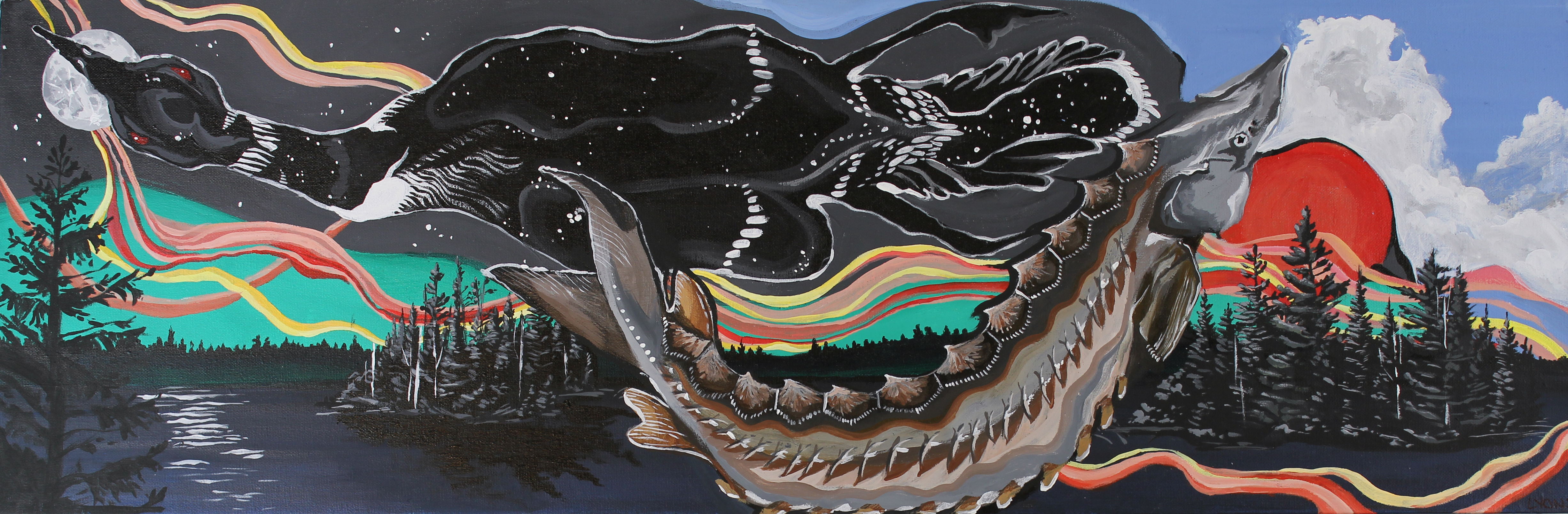 wooded Lake Superior scene with loon and fish in the foreground