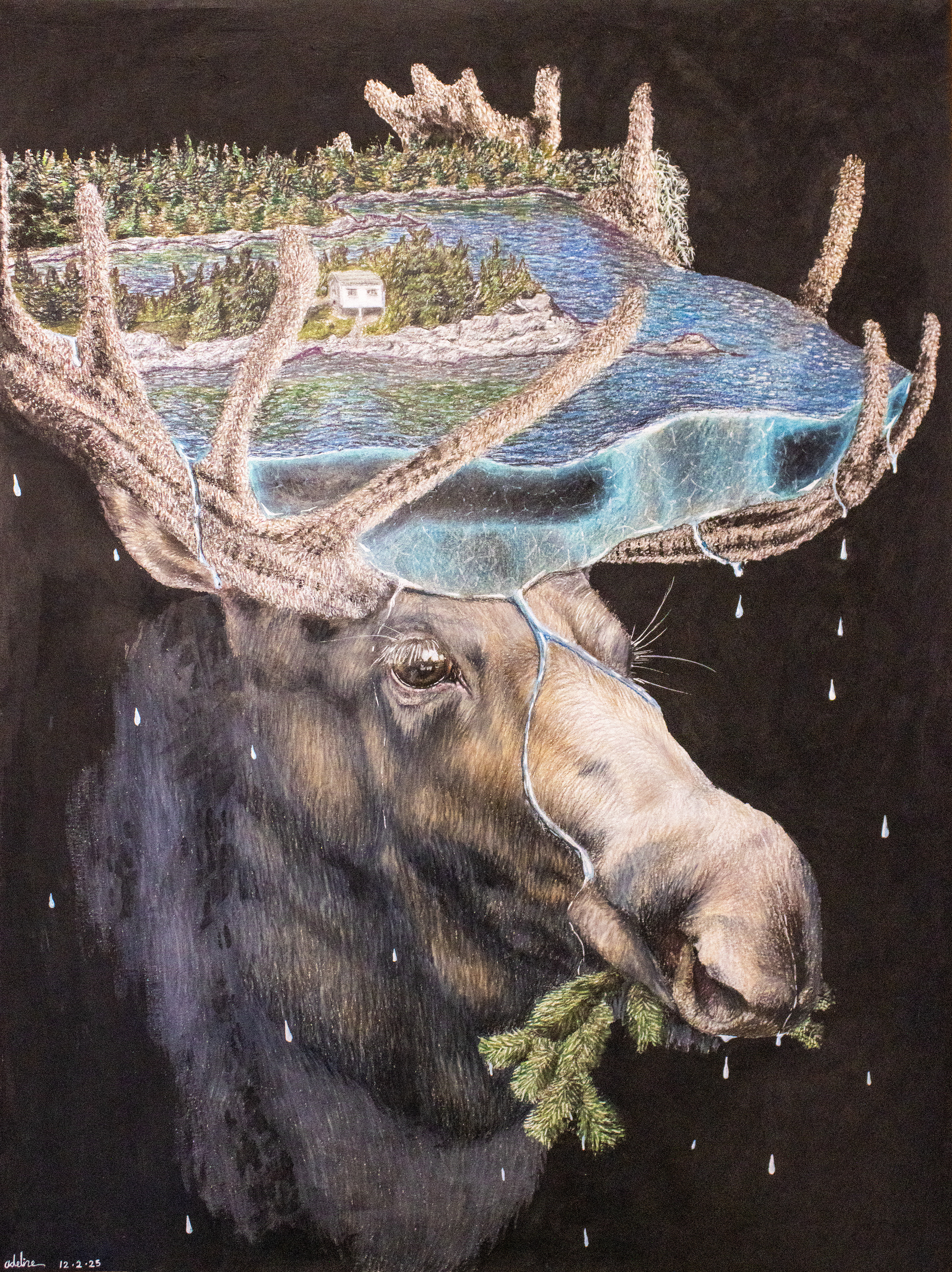 painting of a moose munching on an evergreen branch in front of a black background and holding a dripping slice of Scoville Point in its antlers featuring a small cabin, woods, and a slice of Lake Superior