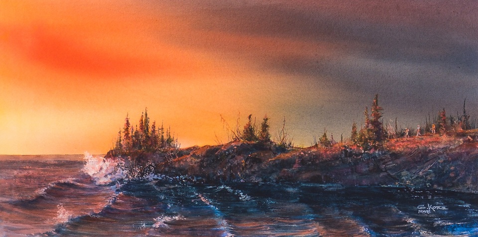 A painting shows a lake scene