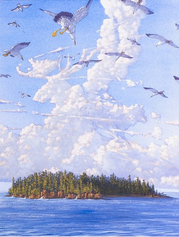 Artwork shows a lake scene with clouds and birds