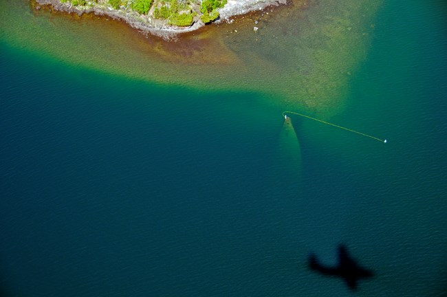 An aerial view of the shallow America shipwreck. The shadow of a seaplane reflects on the water.