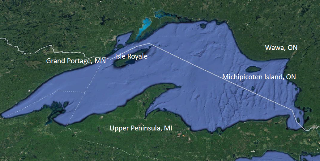 Map of Lake Superior with Isle Royale and four locations that wolves were relocated from: Grand Portage, MN, Wawa, ON, Michipicoten Island, ON, and the Upper Peninsula of MI.