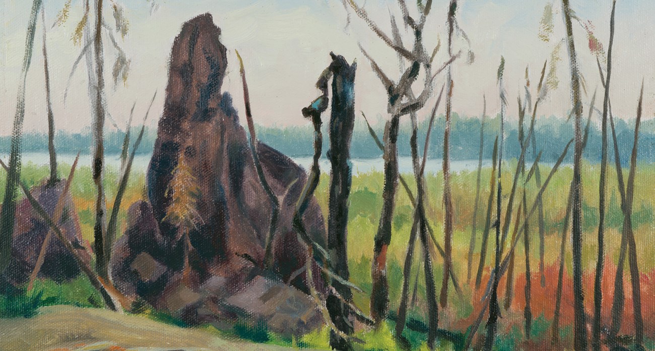 An oil painting of a large boulder protruding from a burnt landscape.