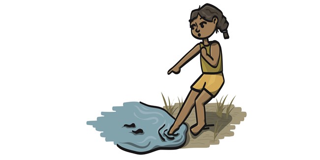 A graphic cartoon of a girl pointing and gasping at leeches in a lake.