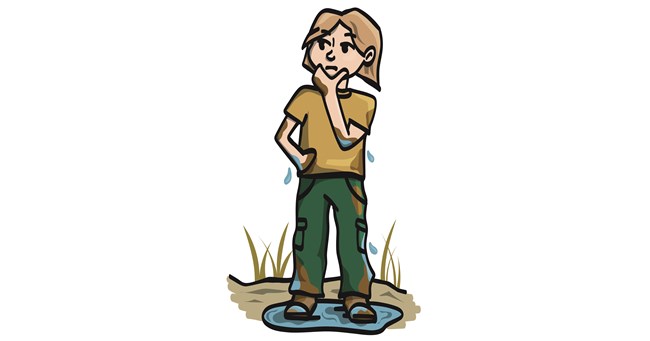 A cartoon of a person standing wet in a puddle of mud.