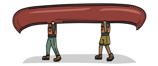 A cartoon of two people carrying a canoe over their heads.