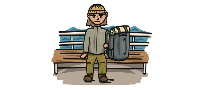 A cartoon of a person sitting on a ferry with a backpack next to them.