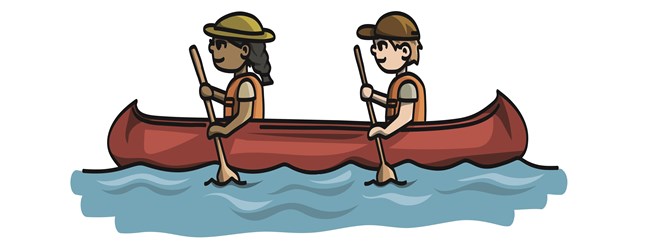 A cartoon of two people paddling a canoe.