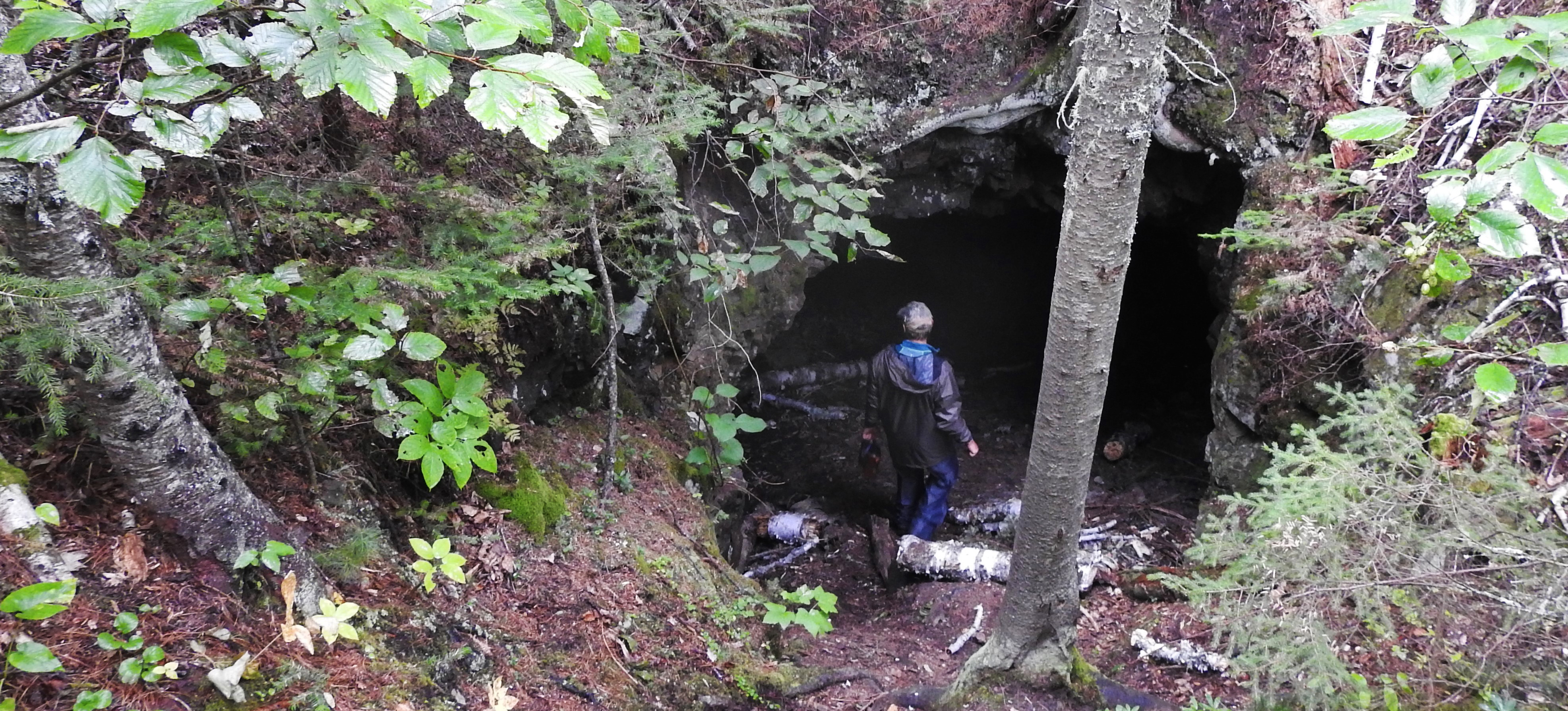 A person walks into a cave in the woods.