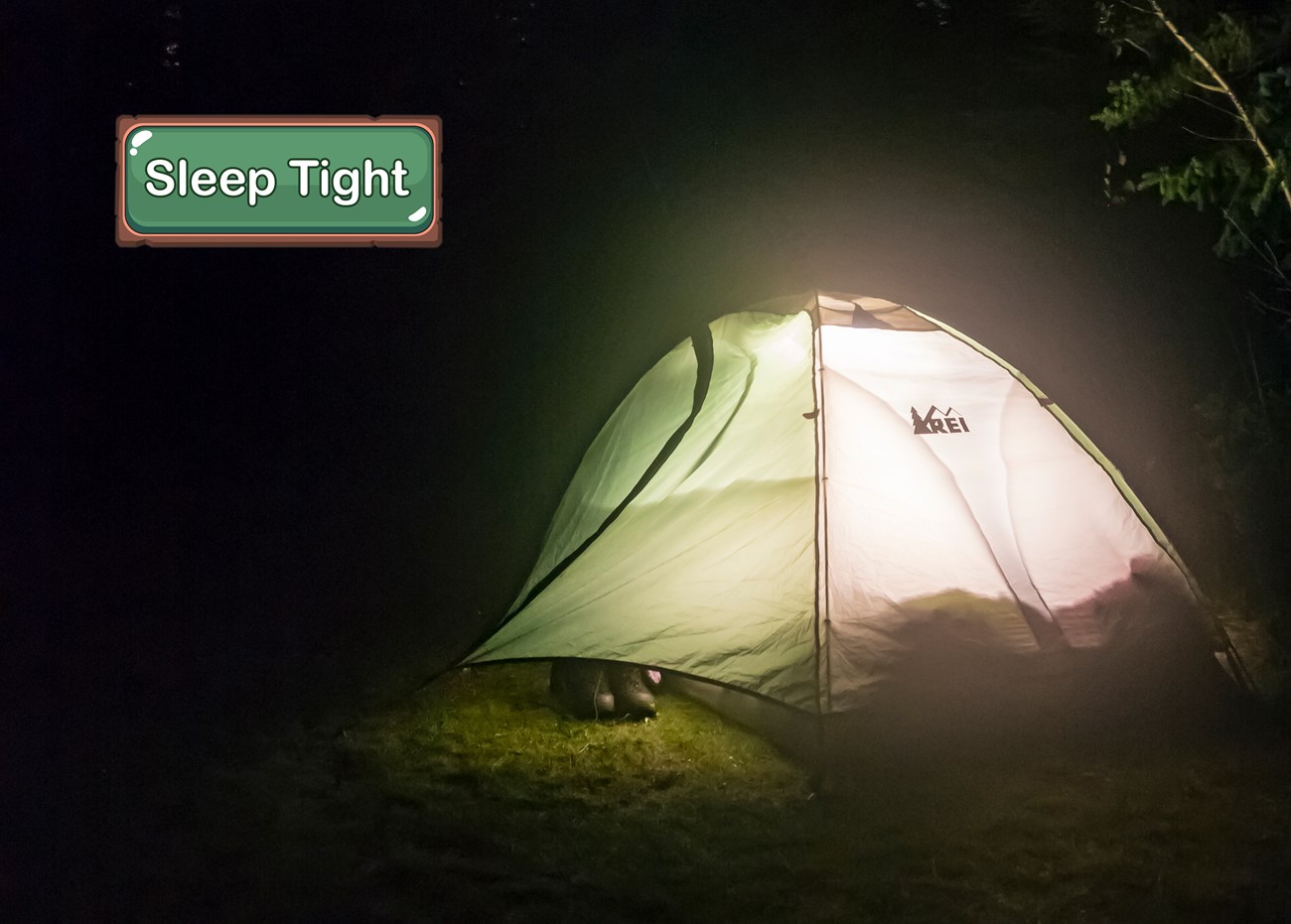 A glowing tent at night.