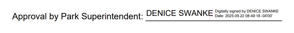 A signature field noting the approval of a document by the park superintendent.