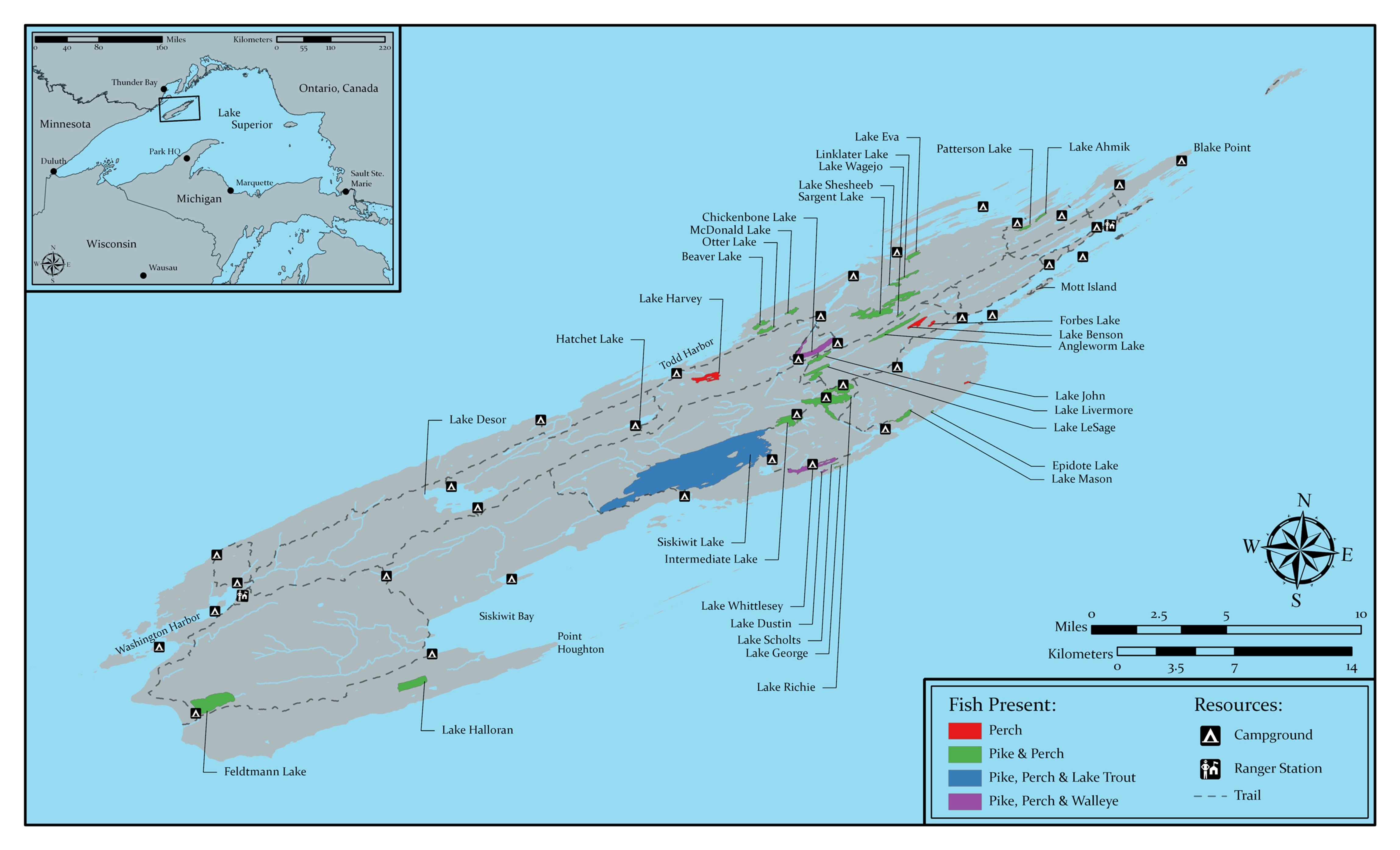 map of Isle Royale with interior lakes and what fish reside in them  highlighted