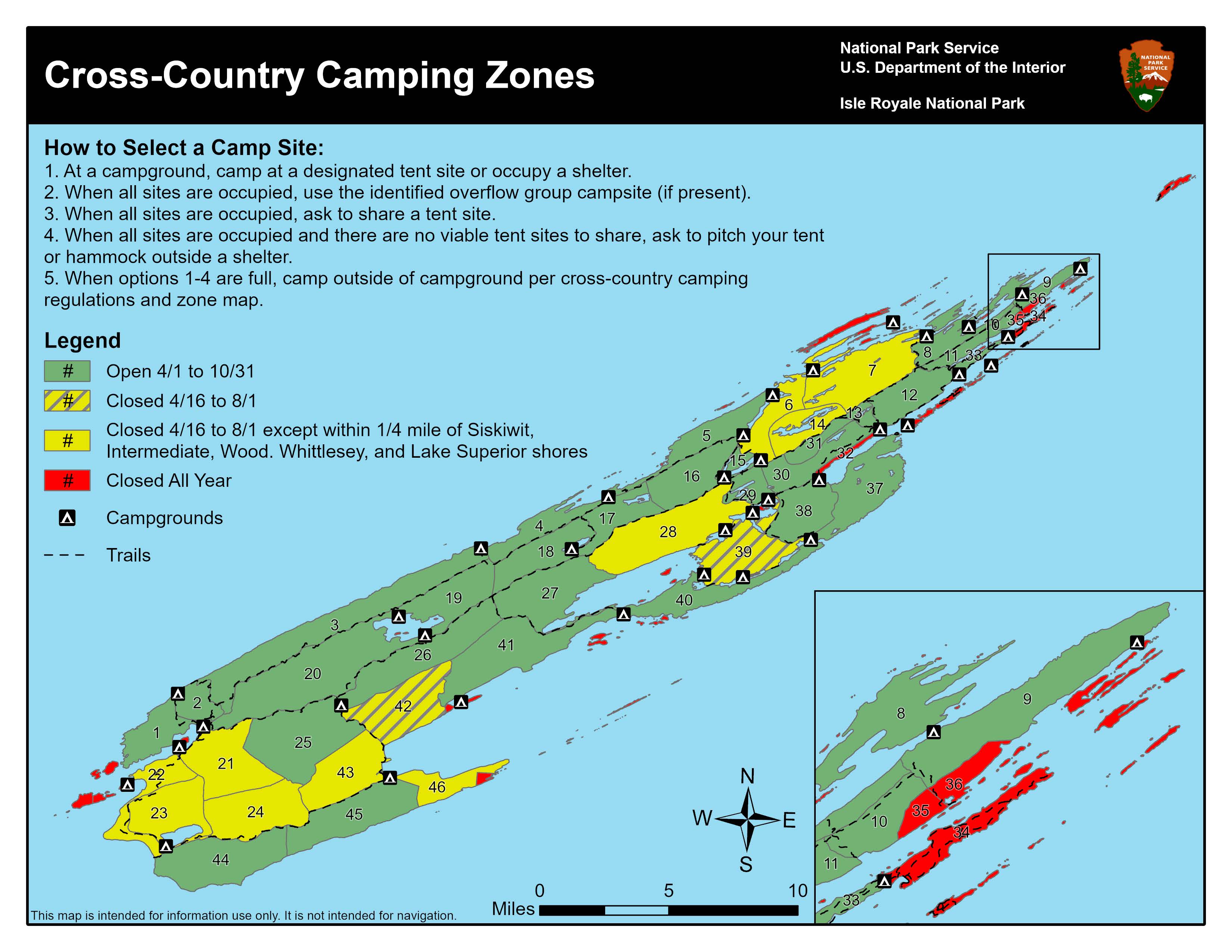 A map of Isle Royale broken up into different cross-country camping zones.