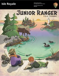Front page of Isle Royale's Junior Ranger Book showing two kids sitting on a shoreline overlooking a loon, moose, and a lighthouse.