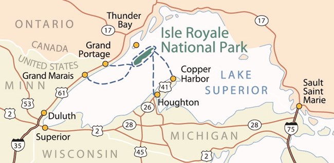 Map of Isle Royale National Park showing its location in Lake Superior and the regional area.