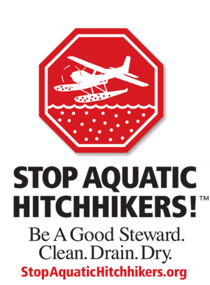 logo for the stop aquatic hitchhikers campaign featuring a seaplane within the bounds of a stop sign