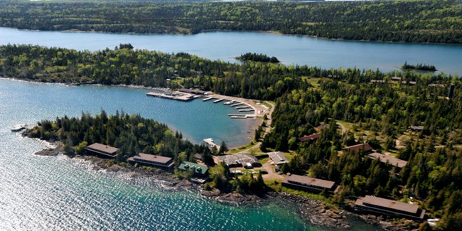 View of the Rock Harbor Lodge complex from the air.