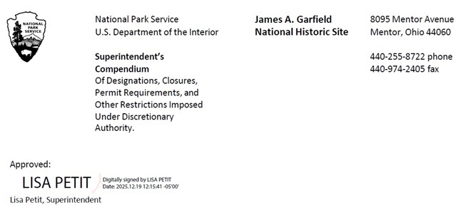 Compendium header with black and white NPS arrowhead and Superintendent's electronic signature; header text is repeated below.