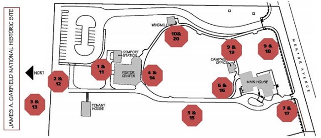 map of the grounds with red stop signs