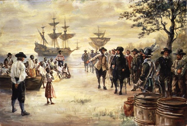 A painting shows the first Africans arriving in the colonies.