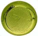 Circular paper weight with image of glassblower and text: Jamestown 1608-2007