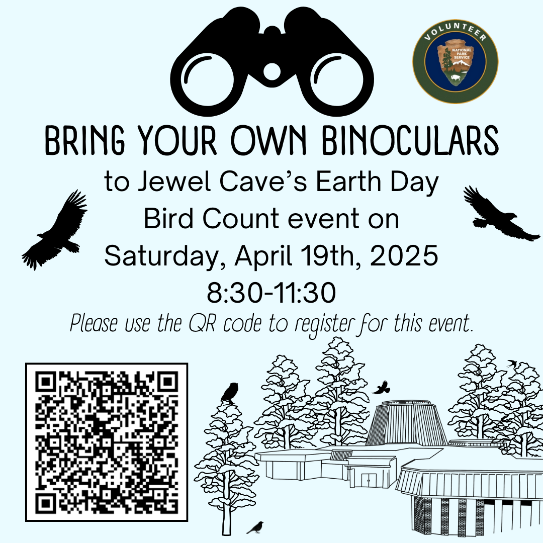 an image with a blue background, stylized images and a QR code with text that reads “BRING YOUR OWN BINOCULARS to Jewel Cave’s Earth Day Bird Count event on Saturday, April 19th, 2025 – Please use the QR code to register for this event.